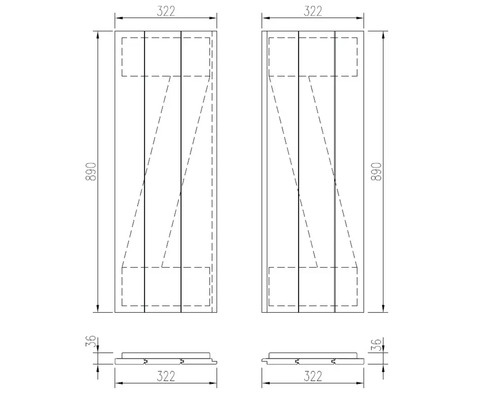 Technický nákres dvou dřevěných dveří o rozměrech 890 x 322 mm