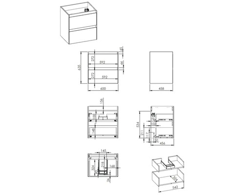 Technický výkres skříňky pod umyvadlo s rozměry