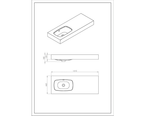 Technický nákres umyvadla s rozměry.