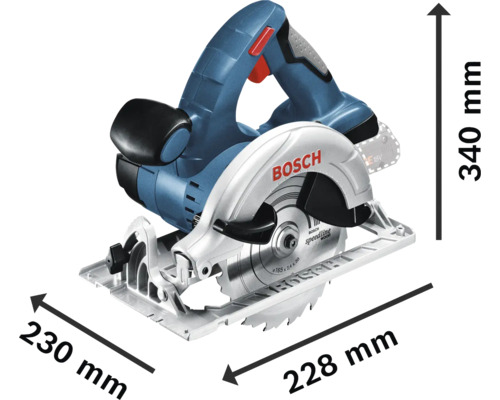Akumulátorová ruční okružní pila Bosch o rozměrech 340 mm výška, 230 mm šířka a 228 mm délka.