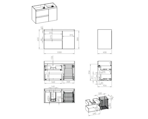 Technický nákres skříňky pod umyvadlo s rozměry.