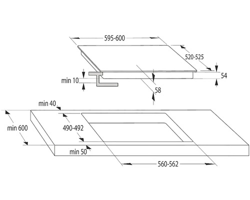 Montážní nákres varné desky s rozměry.