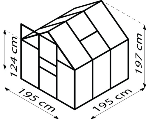 Nákres skleníku o rozměrech 195 x 195 x 124/197 centimetrů