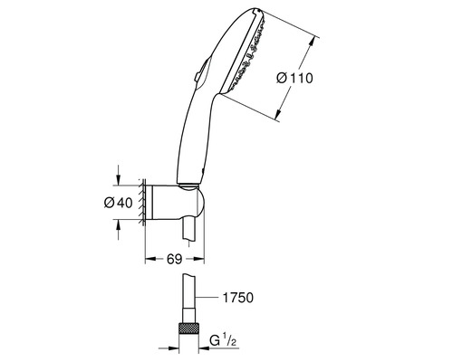 Technický výkres ruční sprchy s rozměry
