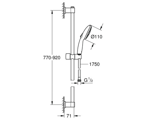 Technický nákres sprchové tyče s ruční sprchou a rozměry