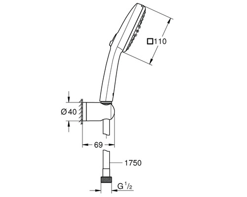Technický výkres ruční sprchy s rozměry