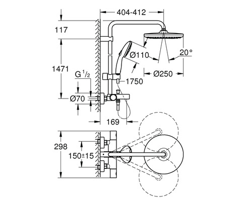 Technický nákres sprchového systému s rozměry