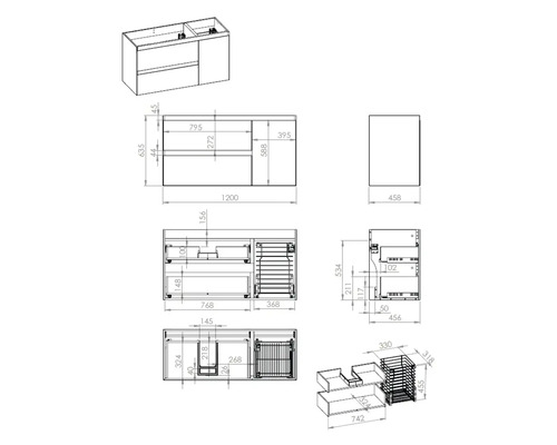 Technický nákres skříňky pod umyvadlo s rozměry