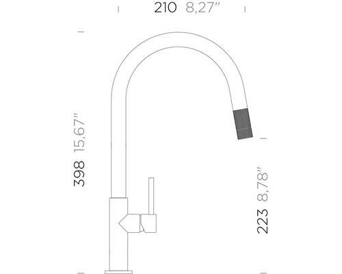 Technický nákres kuchyňské baterie s otočným výtokem a rozměry
