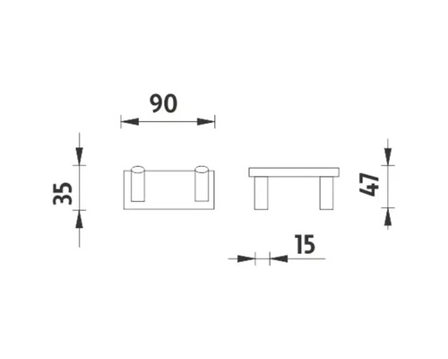 Technický nákres nábytkové úchytky o rozměrech 90, 35, 47 a 15 milimetrů.