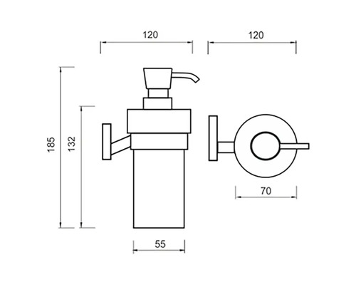 Technický výkres dávkovače mýdla s nástěnným držákem a rozměry