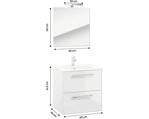 Umyvadlová sestava se zrcadlem, spodní skříňkou a dvěma zásuvkami, rozměry jsou uvedeny