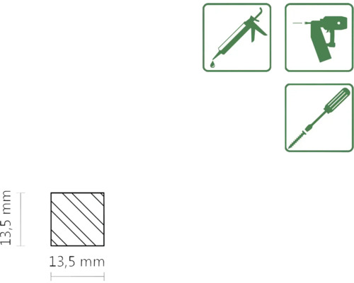 Symbolický obrázek pro zpracování s lepidlem, hřebíkovačkou a šroubovákem a také specifikace rozměrů 13,5 mm.