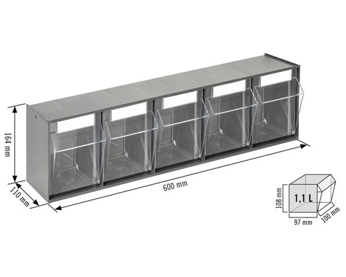 Regál se šesti průhlednými zásobníky pro montáž na stěnu, zobrazeny rozměry