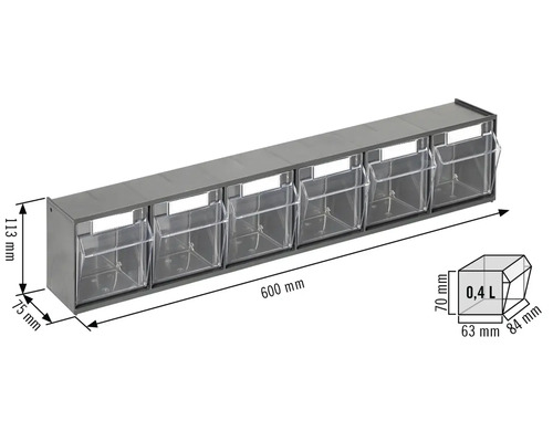 Úložný regál s pěti průhlednými boxy a rozměry