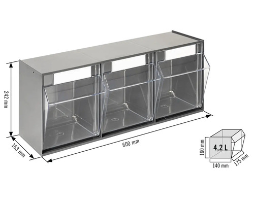 Tři transparentní násypné boxy o rozměrech 600 x 242 x 163 milimetrů a objemu 4,2 litru