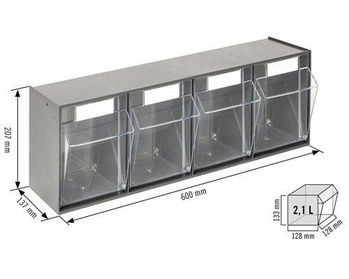 Regál se čtyřmi průhlednými boxy a rozměry