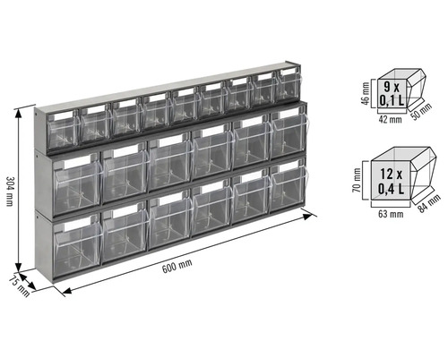 Úložný systém s průhlednými boxy pro ukládání drobných dílů