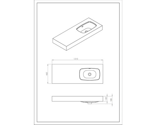 Technický výkres umyvadla s rozměry.