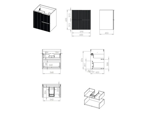 Technický výkres koupelnové skříňky s rozměry