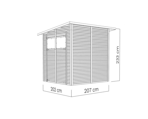 Zahradní kůlna o rozměrech 202 krát 207 krát 233 centimetrů