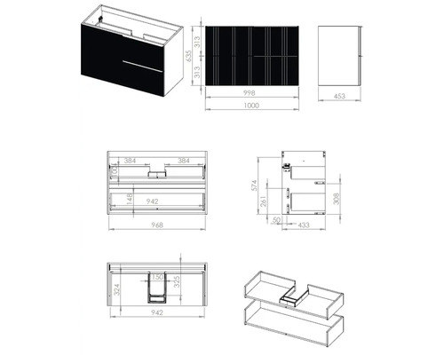 Technický nákres skříňky pod umyvadlo s rozměry