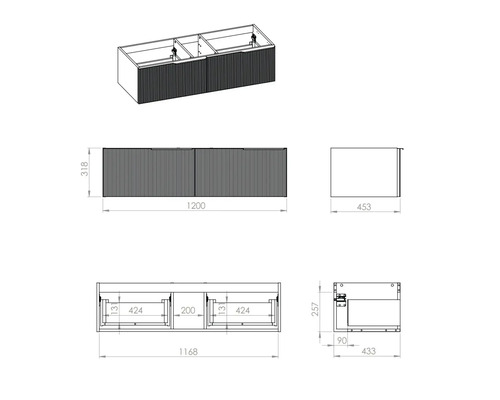 Nákres skříňky pod umyvadlo s rozměry