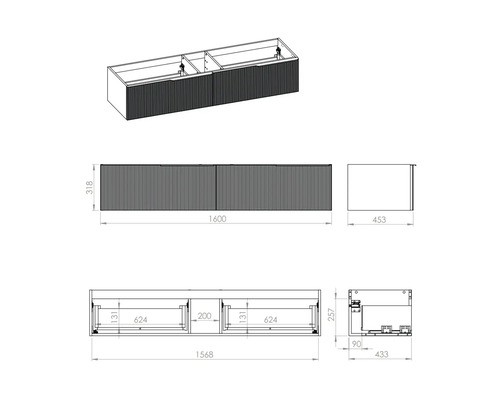 Technický nákres skříňky pod umyvadlo s rozměry