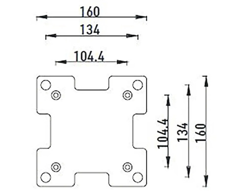 Rozměry montážní desky o délce strany 160 milimetrů.