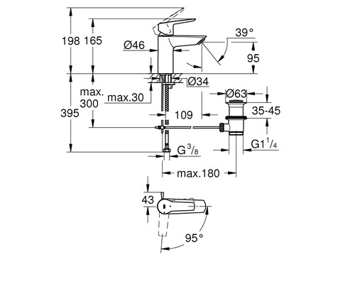 Technický nákres armatury s rozměry