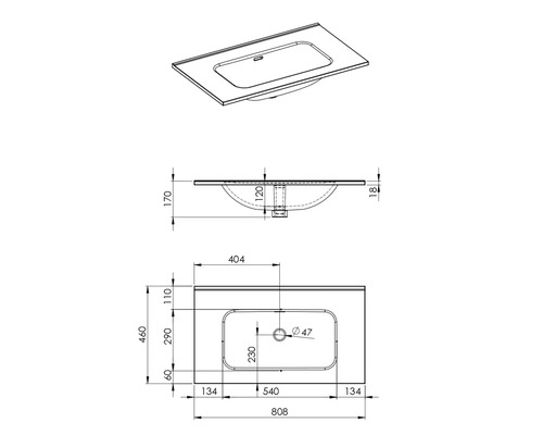 Technický výkres umyvadla s rozměry