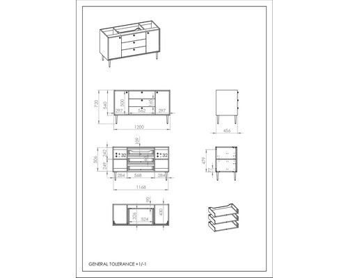Technický nákres skříňky pod umyvadlo s rozměry