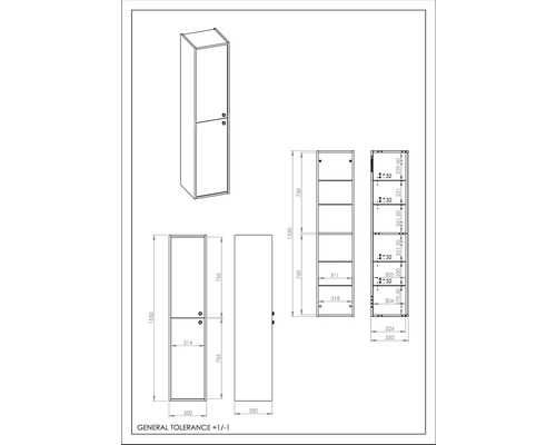 Technický výkres vysoké skříně s rozměry