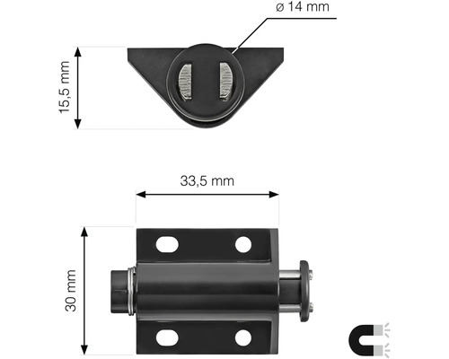 Technický nákres dveřního zámku s magnetem a rozměry