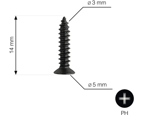 Šroub o průměru 3 mm, délce 14 mm a hlavě šroubu 5 mm