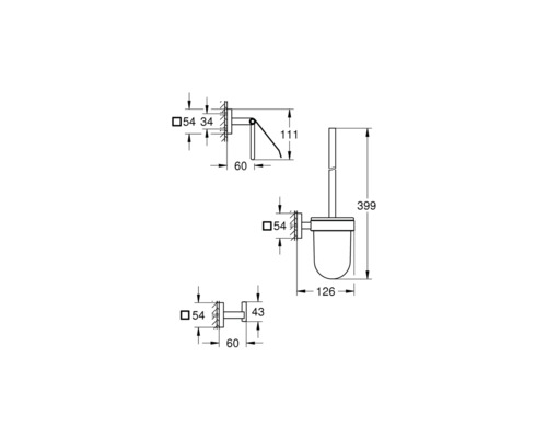Technický nákres toaletní štětky s nástěnným držákem a rozměry