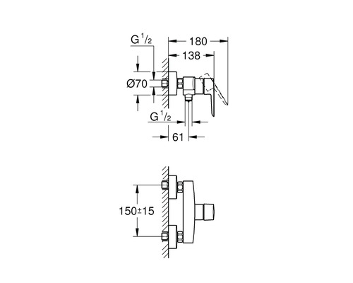 Technický výkres vodovodní baterie s rozměry pro instalaci
