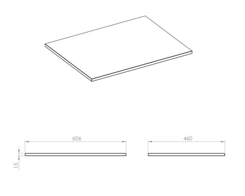 Technický výkres desky o rozměrech 606 mm x 460 mm x 15 mm.
