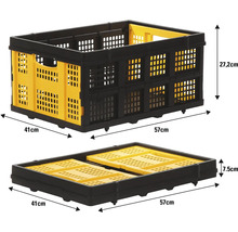 Černá skládací bedna se žlutými akcenty v otevřeném a zavřeném stavu s rozměry