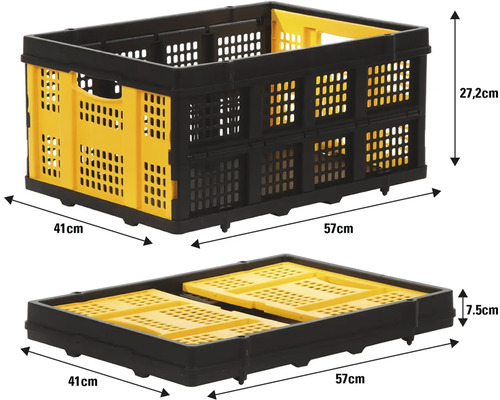 Černá skládací bedna se žlutými akcenty v otevřeném a zavřeném stavu s rozměry