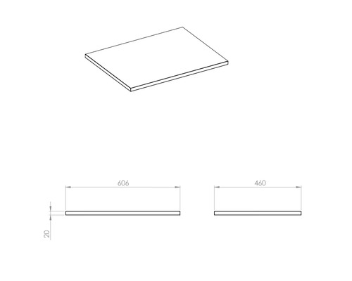 Technický výkres nábytkové desky o rozměrech 606 x 460 x 20 milimetrů.