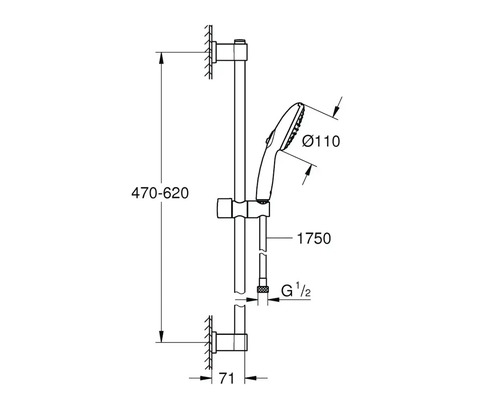 Technický nákres sprchové tyče s ruční sprchou a rozměry
