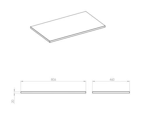 Technický výkres desky o rozměrech 806 x 460 x 20 milimetrů.