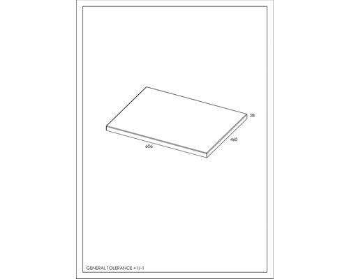 Technický nákres desky o rozměrech 606 x 460 x 28 milimetrů