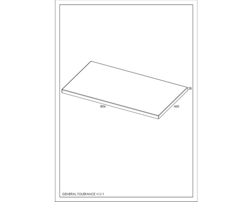 Technický výkres desky o rozměrech 806 x 460 x 28 mm