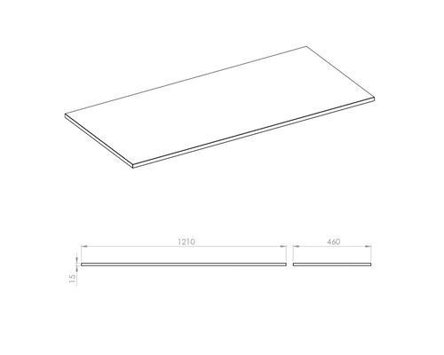 Technický výkres pracovní desky o rozměrech 1210 x 460 x 15 milimetrů.