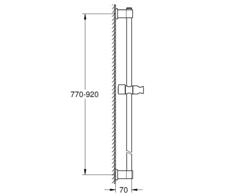 Technický nákres sprchové tyče s rozměry 770 až 920 milimetrů délky a 70 milimetrů šířky.