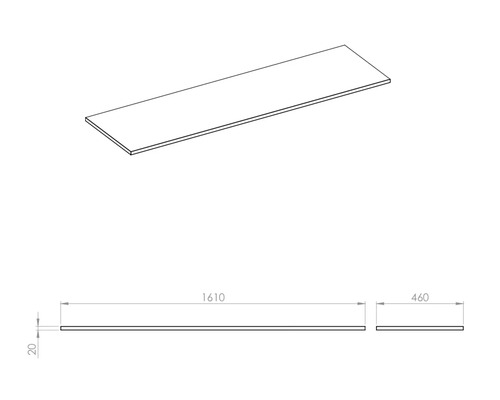 Technický výkres pracovní desky o rozměrech 1610 x 460 x 20 milimetrů.