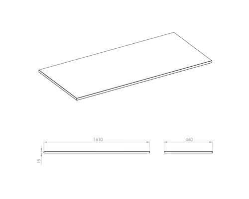Pracovní deska o rozměrech 1610 x 460 x 15 milimetrů.