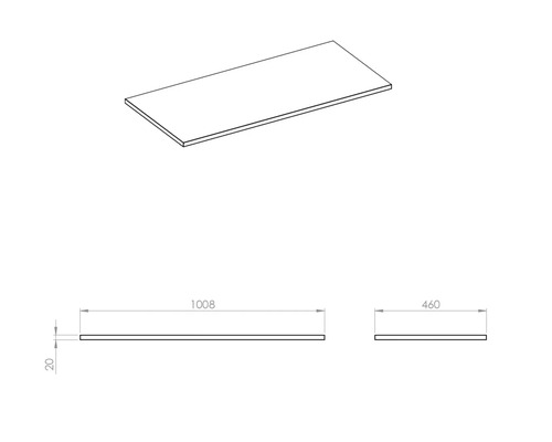 Technický nákres pracovní desky o rozměrech 1008 x 460 x 20 mm